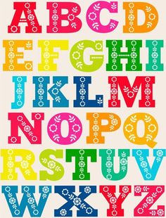 the alphabet is made up of different letters and numbers, all in bright rainbow colors