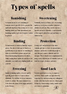 Different Spells, Types Of Spells Witchcraft, Witch Craft For Beginners, Spell To Banish A Person, Easy Spells For Beginner Witches, Baby Witch Spells, Spell Types, Simple Spells For Beginners, Book Of Shadows Ideas