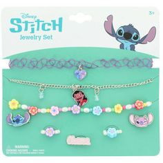 the disney stitch jewelry set includes charms and bracelets