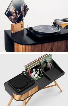 an old record player and turntable with vinyl records on it, sitting next to each other