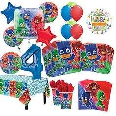 the birthday party supplies include balloons, napkins and decorations