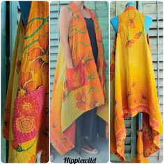 three different views of an orange and yellow shawl