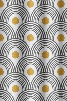 an art deco shower curtain with gold circles on white and gray background, in the style of art deco