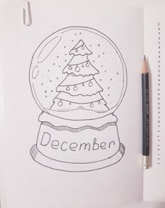 a drawing of a snow globe with a christmas tree in it and the words december written inside