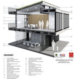 an architectural drawing shows the inside of a house with different sections and features, including balconies