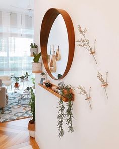 there is a mirror and some plants on the wall in this living room with white walls