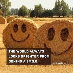 two hay bales with faces drawn on them and the words, the world always looks brighter from behind a smile