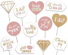 there are many wedding and bridal signs on the stickers in the shape of hearts