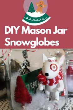 a mason jar filled with snow globes and christmas decorations