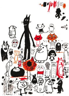 a black cat standing in front of many different types of animals and cats on a white background