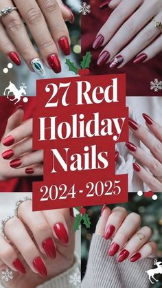 Holiday Gel Nail Ideas, Red Holiday Nails, Gold Holiday Nails, Holiday Nail Ideas, Red And Silver Nails, Winter Nails Art, Silver Nail Designs, Almond Nail Art