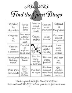 a game board with the words find the guest bingo on it and an image of a woman's silhouette