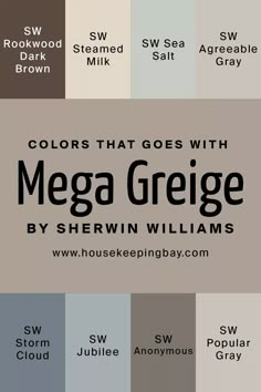 Colors that goes with Mega Greige by Sherwin Williams Mega Griege Bedroom, Perfect Greige Accent Colors, Sw Mega Greige Coordinating Colors, Perfect Griege Sherwin Williams Exterior, Stone Eagle Sherwin Williams, Mega Griege Cabinets, Mega Greige Coordinating Colors, Living Room Colors With Accent Wall, Sherwin Williams Woodbridge