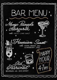 a chalkboard menu for a bar with different drinks and cocktails on the side