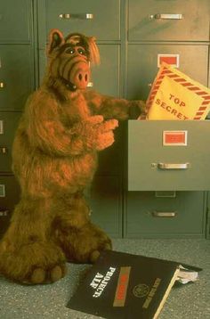 a person in a bear costume holding a mailbox with a sign on it next to a file cabinet