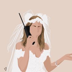 a woman in a wedding dress talking on a cell phone while holding a black umbrella