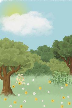 a painting of trees and flowers in the grass