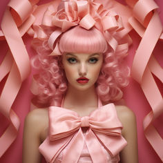 a mannequin with pink hair and bows on it's head, in front of ribbons