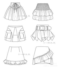 four different types of skirts with ruffles on the bottom, and one in the middle