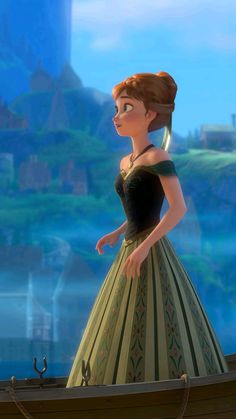 the animated princess is standing in front of a boat and looking back at the camera