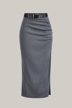 Indulge in sophistication with the Split Thigh Belted Ruched Skirt. This elegant skirt features details such as a belt and ruching, with a split thigh design for added flair. The plain pattern, drop waistline, and long length add to its tasteful and exclusive appeal. Crafted from high-quality woven fabric, this skirt offers a regular fit and is made from 95% polyester and 5% elastane. Both machine wash and professional dry cleaning are suitable for caring for this luxurious piece. Completing the Plain Skirt Outfit, Thigh Belt, Bandage Jumpsuits, Plain Skirt, Belted Skirt, Skirt Ideas, Pencil Skirt Outfits, Office Skirt, Belt Length