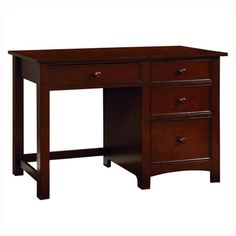 a wooden desk with three drawers and one drawer on the bottom shelf is shown in dark wood