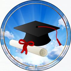 a graduation cap and diploma in the sky