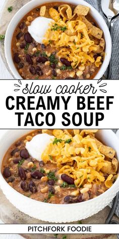 two pictures showing different types of taco soup in white bowls with text overlay