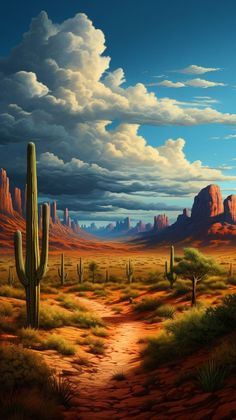 a painting of a desert scene with cactus trees and mountains in the background, under a cloudy sky