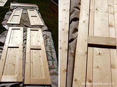 two pictures side by side showing the different parts of a wood door being assembled and laying on top of each other