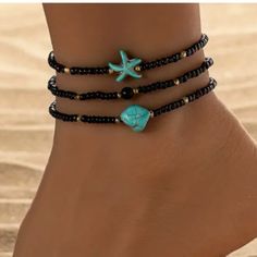 Very Pretty Black Tiny Beads With Gold In Between. Turquoise Stone And Starfish Ankle Bracelet New In Package Ankle Bracelet Ideas, Beaded Beach Necklaces, Black Beaded Jewelry For The Beach, Black Beaded Bracelets For Beach, Black Beads Summer Beach Jewelry, Summer Beach Jewelry With Black Beads, Black Beaded Bracelets For Summer With Round Beads, Black Round Beads Anklets For Beach, Black Round Bead Jewelry For Vacation