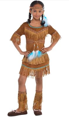 Get ready for Halloween with this complete outfit from Costumes USA. The Dream Catcher Cutie Native American Indian Child Large 12-14 costume is perfect for any young girl who wants to dress up and make a statement. The brown polyester material is durable and comfortable, ensuring that your child can wear this costume for hours on end. The outfit features a dream catcher design that is both stylish and meaningful, representing the Native American culture. This costume is perfect for any Hallowee Indian Girl Costumes, Indian Halloween Costumes, American Girl Halloween, Native American Halloween Costume, Native Costume, American Costume, Party City Costumes, Native American Dress, Indian Princess