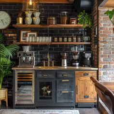 a kitchen with brick walls and wooden shelves