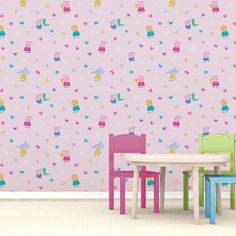 two children's chairs and table in front of a pink wall with peppa pig designs