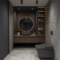 a bathroom with a large mirror, sink and shelves on the wall next to it