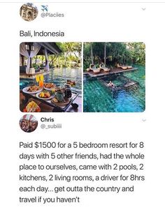 an instagram page for bali indonesia with pictures of people swimming in the pool and onlookers