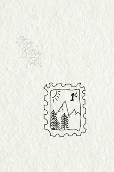 a stamp with trees on it and the number 1 in between two stamps that have been drawn