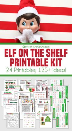 the elf on the shelf printable kit is shown with instructions and pictures to make it