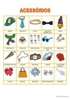 a poster with different types of accessories in spanish and english words on the front cover