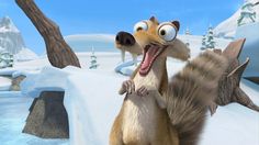 an animated squirrel with its mouth open standing in front of snow covered ground and trees