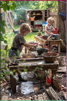 two children are making bowls in the yard