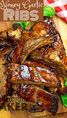 honey garlic ribs on a cutting board with lettuce