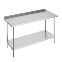 a stainless steel work table with one shelf on each side and two shelves underneath it