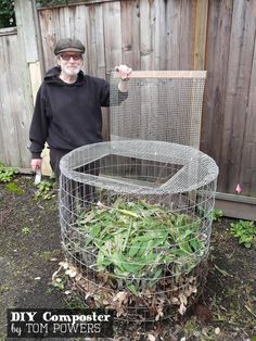 an older man standing next to a metal cage with plants in it and the words diy composter by tom powers