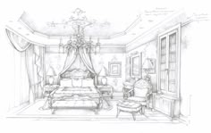 a drawing of a bedroom with a bed, chair and chandelier in it