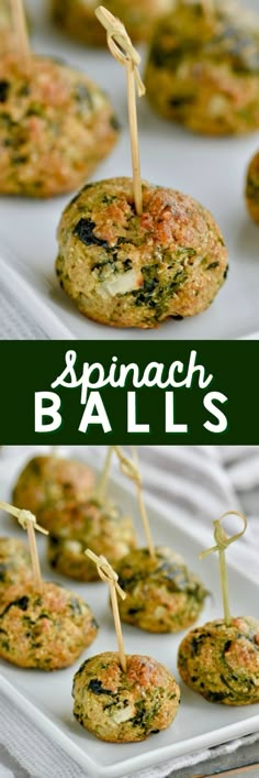 spinach balls with toothpicks in them on a white plate and green text that reads spinach balls