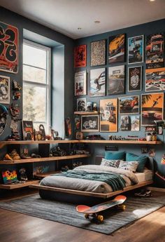 a bedroom with blue walls and lots of skateboard pictures on the wall above the bed