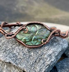 Carved Labradorite Wire Wrapped Copper Cuff Bracelet Wire Wrap Jewelry Designs, Metal Workshop, Copper Cuff Bracelet, Workshop Ideas, Wire Wrapped Bracelet, Copper Cuff, Wrap Jewelry, Handmade Wire Jewelry, Copper Bracelet