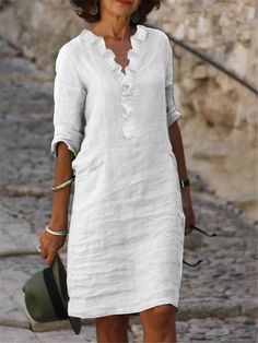 Women's Cotton Linen Dress Casual Dress Shift Dress Mini Dress Cotton Blend Basic Classic Outdoor Daily Vacation V Neck Ruffle Basic Half Sleeve Summer Spring Fall 2023 Regular Fit White Plain S M L 9500280 2023 – 455.89 Dress Sleeve Length, Collared Shirt Dress, 2023 Trends, Cotton Linen Dresses, Trends 2023, Linen Shirt Dress, Linen Casual, Spring Fabric, Half Sleeve Dresses