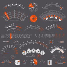 an assortment of gauges and dials on a gray background